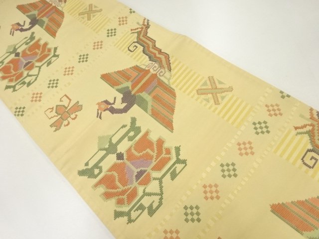 JAPANESE KIMONO / ANTIQUE FUKURO OBI / WOVEN ABSTRACT FLOWER & BIRD